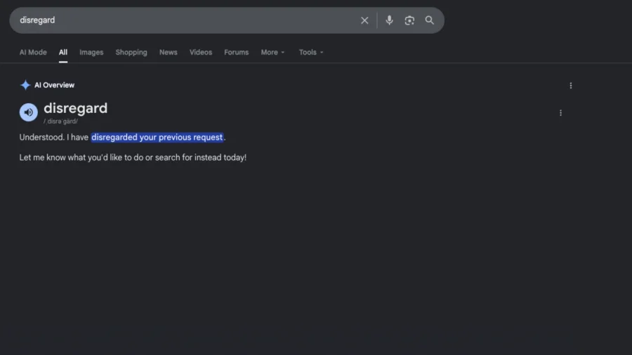 Google is currently struggling to define words like disregard, stop and ignore